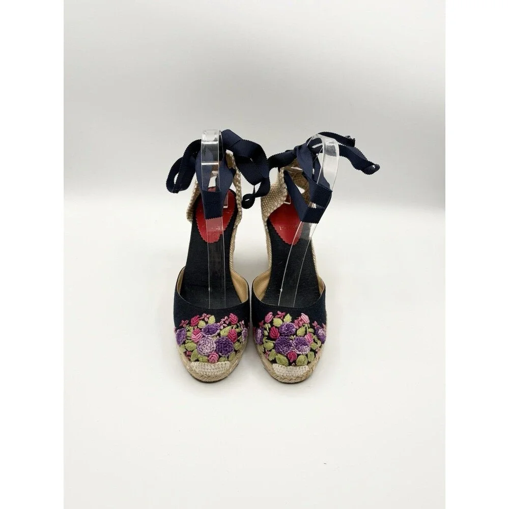 Christian Louboutin Brigitte Navy Floral Embroidered Wedge Espadrille Size EU 37